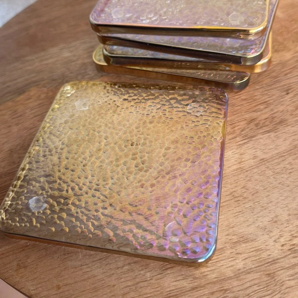 Anthropologie Zaza Coasters Set of 5 Gold Lustered Hammered Bubble Glass Barware